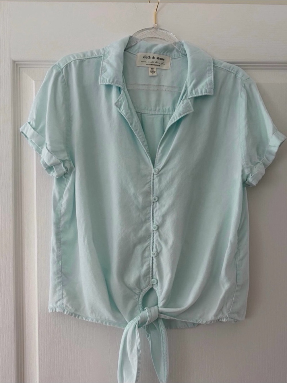Anthropologie Mint Tie-Front Short-Sleeve Button Shirt